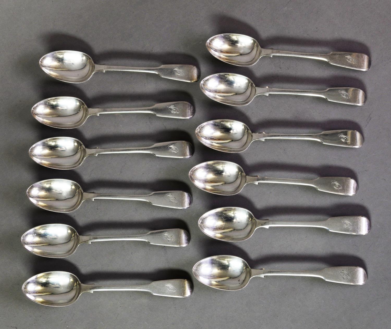 WILLIAM IV SET OF TWELVE SILVER FIDDLE PATTERN TEASPOONS BY MARY CHAWNER, initialled, London 1836,