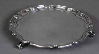 GEORGIAN STYLE SILVER WAITER BY ADIE BROTHERS, with moulded border and volute scroll feet, 8” (20.