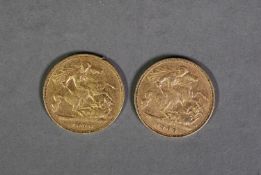 TWO QUEEN VICTORIA GOLD HALF SOVEREIGNS, 1893 and 1897 (F)