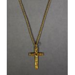 9ct GOLD CROSS PENDANT with engraved decoration, 1 1/8in (3cm) high and the FINE CHAIN NECKLACE
