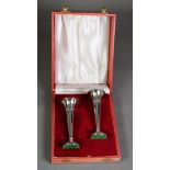 CASED PAIR OF FILLED SILVER SMALL TRUMPET VASES BY BISHTON’S Ltd, 4 ½” (11.4cm) high, Birmingham