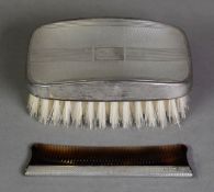 CASED ENGINE TURNED SILVER BACKED MILITARY HAIRBRUSH AND COMB, Birmingham 1989, in light brown