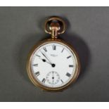 WALTHAM 'TRAVELLER' ROLLED GOLD OPEN FACED POCKET WATCH with keyless movement No 21118780, white