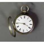 19th CENTURY POCKET WATCH with key wind verge movement, white roman dial, silver plated case, 2 1/