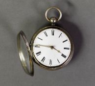 19th CENTURY POCKET WATCH with key wind verge movement, white roman dial, silver plated case, 2 1/