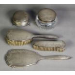 LADIES FIVE PIECE ENGINE TURNED SILVER BACKED DRESSING TABLE SET, comprising: HAND MIRROR, HAIR