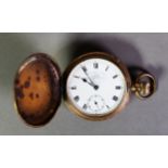 THOMAS RUSSELL ROLLED GOLD FULL HUNTER POCKET WATCH with keyless movement, white roman dial, with