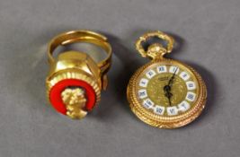 GRUEN, GENEVE, GILT METAL FOB WATCH with keyless movement, the gilt dial with enamelled roman