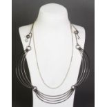 SILVER FINE CHAIN BEAD NECKLACE; silver flat S link NECKLACE; silver coloured metal four strand,