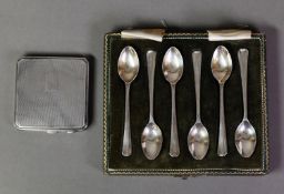 SET OF SIX ART DECO SILVER COFFEE SPOONS, with fan engraved handles, Sheffield 1955, in case and a