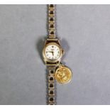 LONGINES 9ct GOLD LADY'S BRACELET WRIST WATCH with attached GOLD ST CHRISTOPHER PENDANT, 15.7 gms