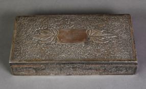 PROBABLY MALAYSIAN SILVER COLOURED METAL CLAD TABLE CIGARETTE BOX, of oblong form with slightly
