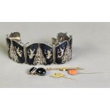 SIAMESE SILVER AND NIELO WORK BRACELET, gold plated BROOCH; 2 STICK PINS and a CUFFLINK (5)