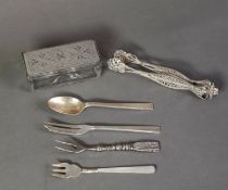 UNMARKED FOREIGN FILIGREE SILVER COLOURED METAL PAIR OF SUGAR TONGS, 5 ½” (14cm) long, 0.83ozt,