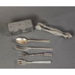 UNMARKED FOREIGN FILIGREE SILVER COLOURED METAL PAIR OF SUGAR TONGS, 5 ½” (14cm) long, 0.83ozt,