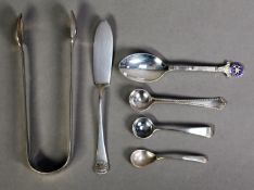 SIX PIECES OF GEORGE III AND LATER SILVER CUTLERY, comprising: PAIR OF BRIGHT UT SUGAR TONGS,