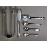 SIX PIECES OF GEORGE III AND LATER SILVER CUTLERY, comprising: PAIR OF BRIGHT UT SUGAR TONGS,