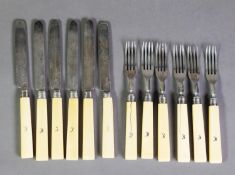 WILLIAM IV SET OF SIX PAIRS OF SILVER DESSERT KNIVES AND FORKS BY GEORGE UNITE, with bone handles,