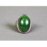 GEORG JENSEN, DENMARK, SILVER BROAD RING MOONLIGHT BLOSSOM, collet set with a cabochon oval green