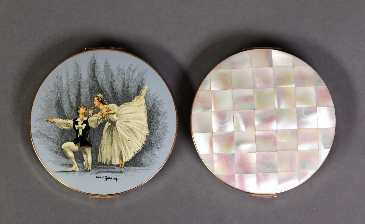 TWO STRATTON CIRCULAR POWDER COMPACTS, one with mother of pearl tiled top, the other with