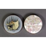 TWO STRATTON CIRCULAR POWDER COMPACTS, one with mother of pearl tiled top, the other with