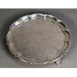 VICTORIAN ENGRAVED SILVER SALVER BY THE BARNARD BROTHERS, with beaded edged to the scallop moulded