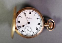 WALTHAM TRAVELLER ROLLED GOLD FULL HUNTER POCKET WATCH with keyless movement, white roman dial