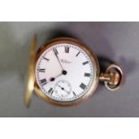 WALTHAM TRAVELLER ROLLED GOLD FULL HUNTER POCKET WATCH with keyless movement, white roman dial