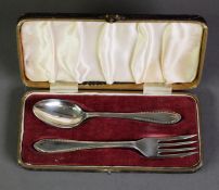 CASED CHILD’S SILVER FORK AND SPOON FEATHER EDGED CUTLERY SET BY EDWARD VINER, Sheffield 1957, 1.