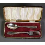 CASED CHILD’S SILVER FORK AND SPOON FEATHER EDGED CUTLERY SET BY EDWARD VINER, Sheffield 1957, 1.
