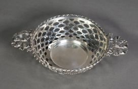 EDWARD VII PIERCED SILVER QUAICH SHAPED BON BON DISH, with lattice pierced bowl, bell flower