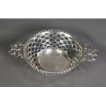 EDWARD VII PIERCED SILVER QUAICH SHAPED BON BON DISH, with lattice pierced bowl, bell flower