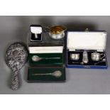 LATE VICTORIAN STAMPED SILVER HAND MIRROR, BIRMINGHAM 1901. Together with A CASED SILVER CONDIMENT