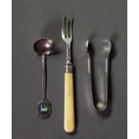 VICTORIAN SILVER CAKE FORK with bone handle, London 1895; a pair of SILVER SUGAR TONGS, with