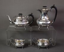 VINERS ‘CUTLERS TO THE KING’ FOUR PIECE ELECTROPLATED TEA SET, of oval panelled form with black