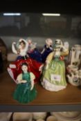 SIX ROYAL DOULTON 'PRETTY LADIES' FIGURES INCLUDING; GYPSY DANCERS, LADY IN ERMINE JACKET, PLUS A