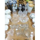 A PAIR OF GLOBE AND SHAFT SHAPED CUT GLASS DECANTERS, A PLAIN GLASS SQUARE DECANTER, FOUR SPIRIT