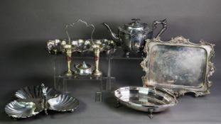 SMALL COLLECTION OF ELECTROPLATED WARES, comprising: PAIR OF TRUMPET VASES WITH ENAMELLED ‘HMS QUEEN