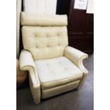 VINTAGE PARKER KNOLL RECLINING ARMCHAIR IN BEIGE LEATHER, BUTTONED BACK AND SEAT (small rips to