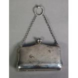 LADIES PLAIN SILVER PURSE WITH SHORT CHAIN HANDLE and pale brown kid leather lined and compartmented