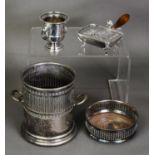 FOUR PIECES OF ELECTROPLATE, comprising: TWO HANDLED SYPHON HOLDER, with pierced decoration, SIMILAR