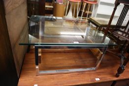EAMES STYLE GLASS TOP AND SIMULATED WOOD COFFEE TABLE, ON BOX SECTION CHROME SUPPORTS, 30" (76cm)