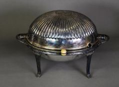 ELECTROPLATED TWO HANDLED BREAKFAST DISH AND COVER, of oval, part fluted form with revolving cover