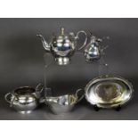 FIVE PIECES OF ELECTROPLATE, comprising: SPHERICAL SMALL TEAPOT, with loop handle, SIMILAR TWO