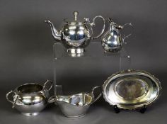 FIVE PIECES OF ELECTROPLATE, comprising: SPHERICAL SMALL TEAPOT, with loop handle, SIMILAR TWO
