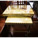 NEST OF TWO RE-CONSTITUTED GREEN ONYX AND BRASS TABLES, 12" X 16" AND SMALLER (2)