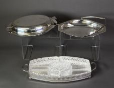 THREE PIECES OF ELECTROPLATE, comprising: SHAPED OBLONG TWO HANDLED HORS D’OUVRES DISH WITH FIVE