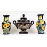 VIENNA STYLE LARGE POTTERY TWO HANDLE LIDDED VASE AND COVER, WITH TWO PRINTED OVAL PLAQUES,
