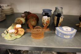 COLLECTION OF POTTERY TO INCLUDE; PAIR OF SMALL SATSUMA VASES, 3 BOSSONS HEAD ORNAMENTS, WEDGWOOD