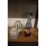 ITALIAN STUDIO GLASS VASE, GLASS HANDBAG VASE, AND A PAIR OF GLASS LAMP SHADES AND ANOTHER